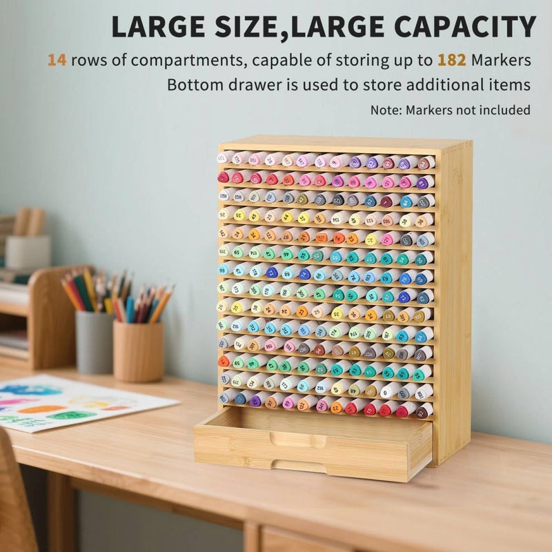 AUTOARK Natural Bamboo Marker Organizer with Drawer,182 Slots,Large Art Supply Storage for Artists,Teachers,Students - No Assembly Sturdy Desk Organizer for Classroom Office Decor,AHK-065 - Image 3